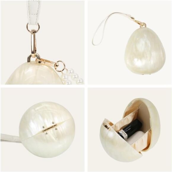 Pearl Acrylic Egg-Shaped Clutch – Marble Evening Purse with Chain - Picture 3 of 5